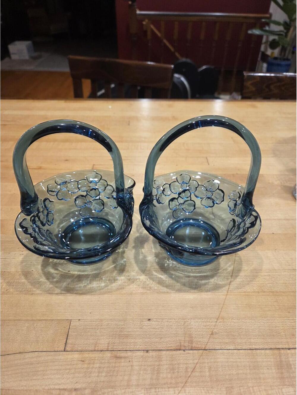 Indiana Glass Blue Pressed Floral Baskets Pair Vintage 1960s